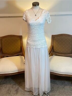 Vintage 80s White Lace Jumpsuit with Chiffon Wide Legs, Size Small A.B. Lambdin